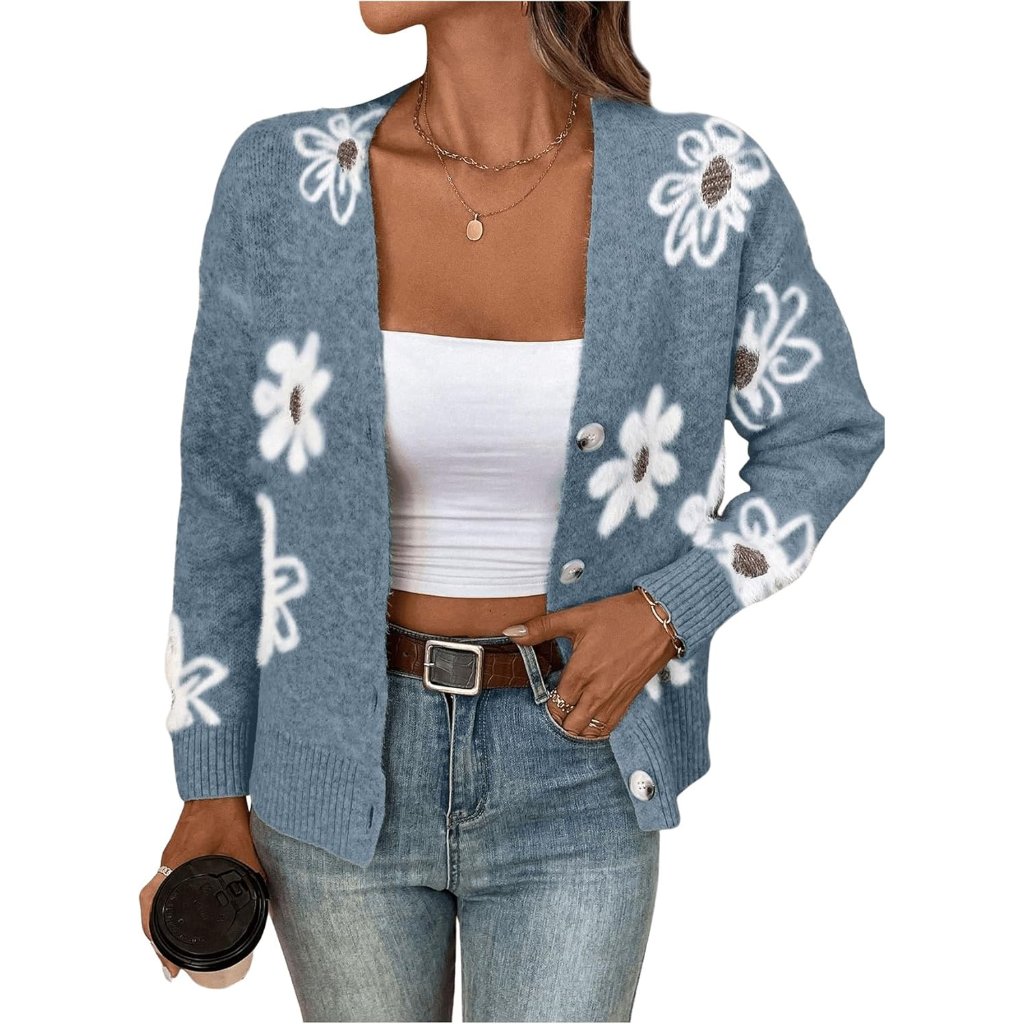 Women's Floral Cardigan Sweater Open Front Long Sleeve Button Down Knit Sweater